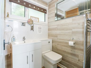 A bathroom with a sink cabinet toilet and mirror above at 98 Cherry Park in Chapel St Leonards