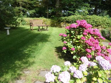 A garden with grass a wooden bench a birdbath and flowering shrubs at The Roundhouse in Warbstow
