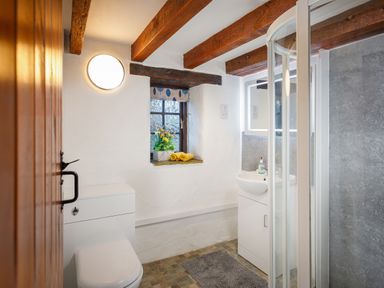 A bathroom with a toilet sink shower window with flowers and towels at Pond Meadow in Warbstow
