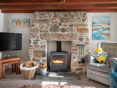 A living room with a stone fireplace and wood burner two paintings on the wall a television on wooden tables a basket of firewood a grey armchair with yellow floral pillows at Pond Meadow in Warbstow