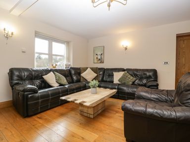 A living room with black leather sofas and a wooden coffee table with a plant at About Time Cottage in Parkend