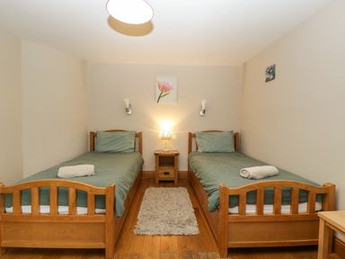 A bedroom with two single wooden beds with green bedding and a small nightstand with a lamp in between at About Time Cottage in Parkend