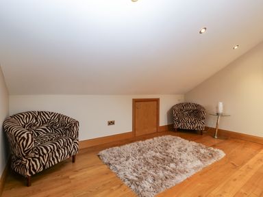 A room with two zebra print chairs a small door a glass side table with a lamp and a rug on wooden floor at About Time Cottage in Parkend