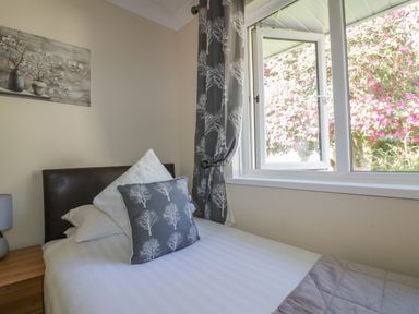 A bedroom with a single bed pillows a bedside table with lamp and a window showing flowering plants at Watergate Bay in Liskeard