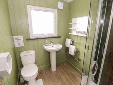 A bathroom with a toilet sink shower glass shelf with glasses and green paneled walls at Cotswold View 1 in Honeybourne