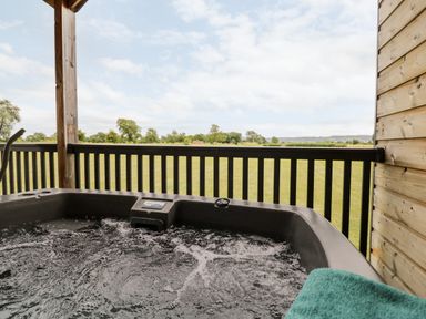 A hot tub on a wooden deck overlooking a grassy field and trees at Cotswold View 1 in Honeybourne