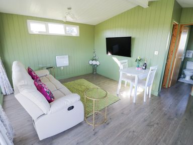A living room with a white sofa pink pillows a green rug a small table a dining table with two chairs a TV on the wall and a view into a bathroom at Cotswold View 1 in Honeybourne