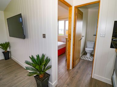 A hallway with wood flooring and white walls featuring two plants a wall mounted television a bedroom on the left and a bathroom with a toilet on the right at Cotswold View 2 in Honeybourne