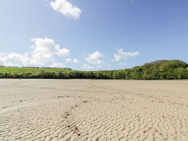 A sandy beach with ripples and footprints with green trees and grassy hills under a blue sky at Tresawle in Crantock