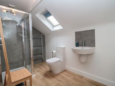 A bathroom with a glass shower enclosure toilet sink and skylight window at Bay Tree House in Seaton Devon