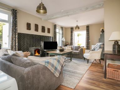 A living room with sofas a coffee table a fireplace and a television at Crantock Lodge in Crantock