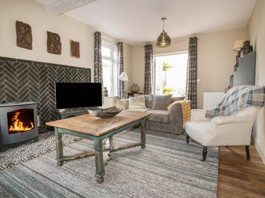 A living room with a wooden coffee table a sofa an armchair a television and a wood-burning stove at Crantock Lodge in Crantock