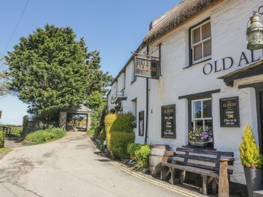 The exterior of the Old Albion Inn with a wooden bench barrels plants and a large tree near a country road at Crantock Lodge in Crantock