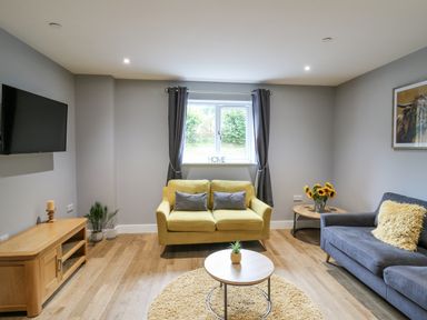 A living room with a yellow sofa a blue sofa a round coffee table a wooden TV stand and a window with curtains at Talarddu Cottage in Builth Wells