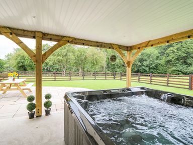 A covered patio with a hot tub two small plants and a wooden picnic table with flowers and bottles in a garden at Talarddu Cottage in Builth Wells