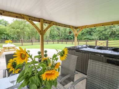 A covered patio with sunflowers on a table wicker chairs a hot tub and a picnic table in the background at Talarddu Cottage in Builth Wells