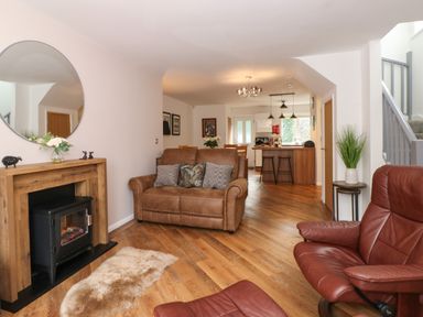 An open plan living room and kitchen with brown leather sofa and chairs wooden floor and a small fireplace at The Sanctuary in Windermere