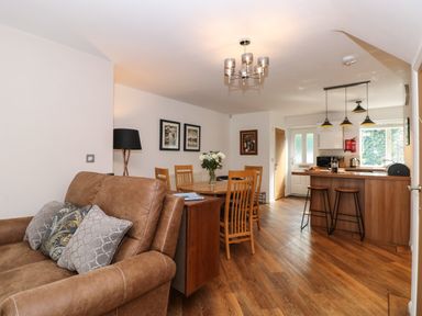 A living room and kitchen area with a brown sofa dining table with chairs and a kitchen island with stools at The Sanctuary in Windermere