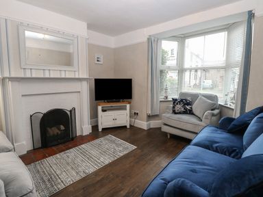 A living room with a fireplace tv on a stand two sofas and a window with blinds and curtains at Hunny Cottage in Hunstanton