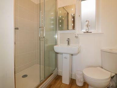 A bathroom with a glass shower enclosure a pedestal sink a toilet and a window with a seahorse decoration at Woodhall in Cardinham
