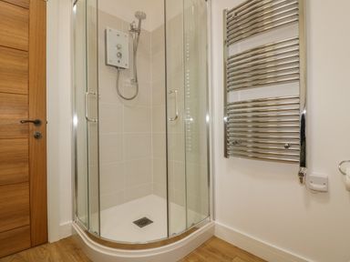 A bathroom with a glass shower enclosure wooden door and a wall-mounted towel radiator at Woodhall in Cardinham