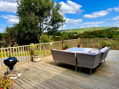 A wooden deck with rattan outdoor seating a table potted plants and a barbecue overlooking a green landscape at Woodhall in Cardinham