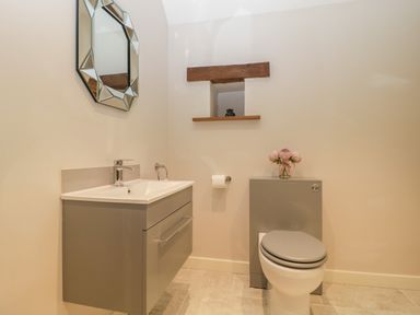 A bathroom with a gray vanity and sink a toilet with a gray case and a floral arrangement on top at Magnolia Barn in Mark