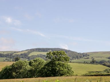 A landscape of green hills with clusters of trees under a blue sky at The Stables in Crowcombe