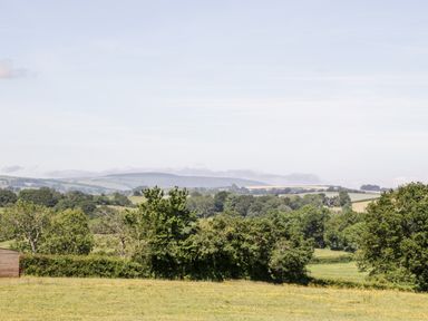 A rural landscape with grassy fields and trees under a clear sky at The Outlook in Crowcombe