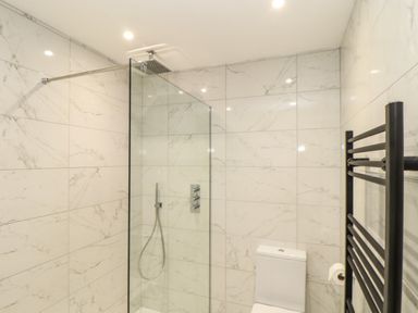 A bathroom with a walk in shower with glass partition a toilet and a black towel rail at Valley View in Mullion
