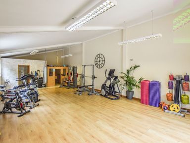 An exercise room with stationary bikes weights a punching bag a plant and a sauna at Valley View in Mullion