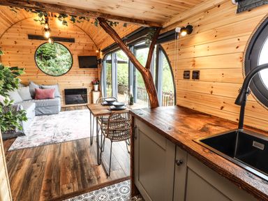 A wooden interior room with a kitchen sink countertop dining table with two chairs and a seating area with a sofa and television at Offas Dyke Escape in St Asaph