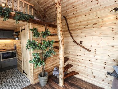 A wooden interior with a small spiral staircase a potted plant and a kitchen area at Offas Dyke Escape in St Asaph