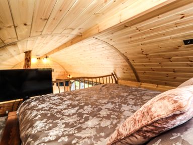 A loft bedroom with wooden curved ceiling a bed with floral bedding and a television at Offas Dyke Escape in St Asaph