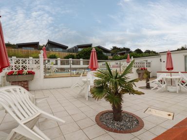 An outdoor patio area with white plastic chairs and tables with closed red umbrellas and small palm trees at 7 Europa Court in Mawgan Porth