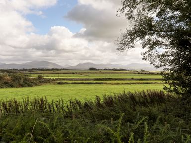 A rural landscape with green fields trees and distant hills under a cloudy sky at Clynnog House in Dwyran near Newborough