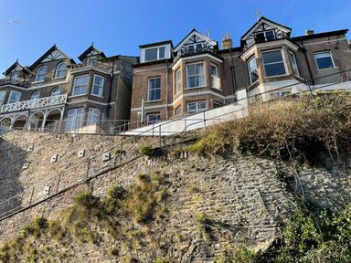 A row of houses on top of a stone retaining wall with railings and dry vegetation at Albany in Looe