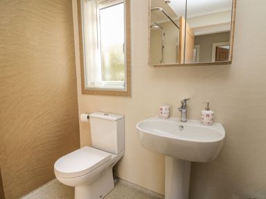 A bathroom with a toilet sink mirror and window at McAuliffe Lodge in Borth