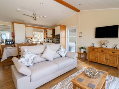 An open plan living room and kitchen with a beige sofa facing a wooden cabinet with a mounted TV at McAuliffe Lodge in Borth