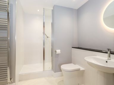 A bathroom with a shower area toilet sink and illuminated mirror at Pavey Ark in Ambleside