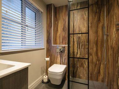 A bathroom with a toilet shower area with glass partition and window blinds at The Neon Rose in Bowness-On-Windermere