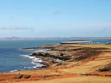 A coastal landscape with rocky shores grassy fields and a pier with boats at Glasfryn in Holyhead