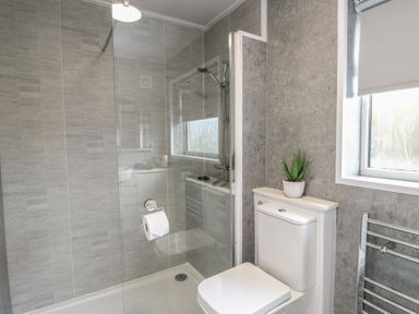 A bathroom with a shower, toilet, and sink at Glasfryn in Holyhead