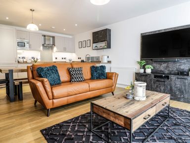 A living room with a brown leather sofa with cushions a wooden coffee table a dark TV unit with plants and a television at 2 Pensyflog Barns in Porthmadog