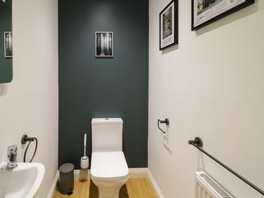 A bathroom with a toilet a small sink a toilet brush a waste bin and pictures on the walls at 2 Pensyflog Barns in Porthmadog