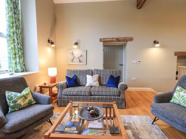 A living room with striped sofa and chairs with leaf patterned cushions at Old Howgate Barn Outgate near Hawkshead
