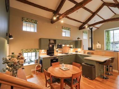 A kitchen with green cabinets wooden dining table and exposed wooden beams at Old Howgate Barn Outgate near Hawkshead