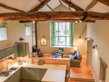 An open plan kitchen and living room with wooden beams green cabinets and a wood burning stove at Old Howgate Barn Outgate near Hawkshead