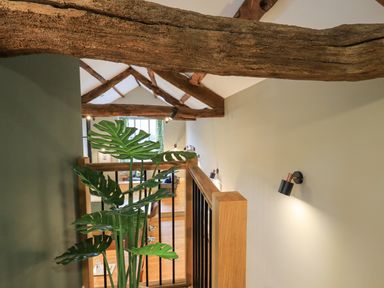 Interior view of a staircase with wooden beams a handrail black metal balusters wall lights and a large green plant at Old Howgate Barn Outgate near Hawkshead