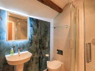 A bathroom with a sink and illuminated mirror a toilet with paper holder and a glass shower enclosure at Old Howgate Barn Outgate near Hawkshead